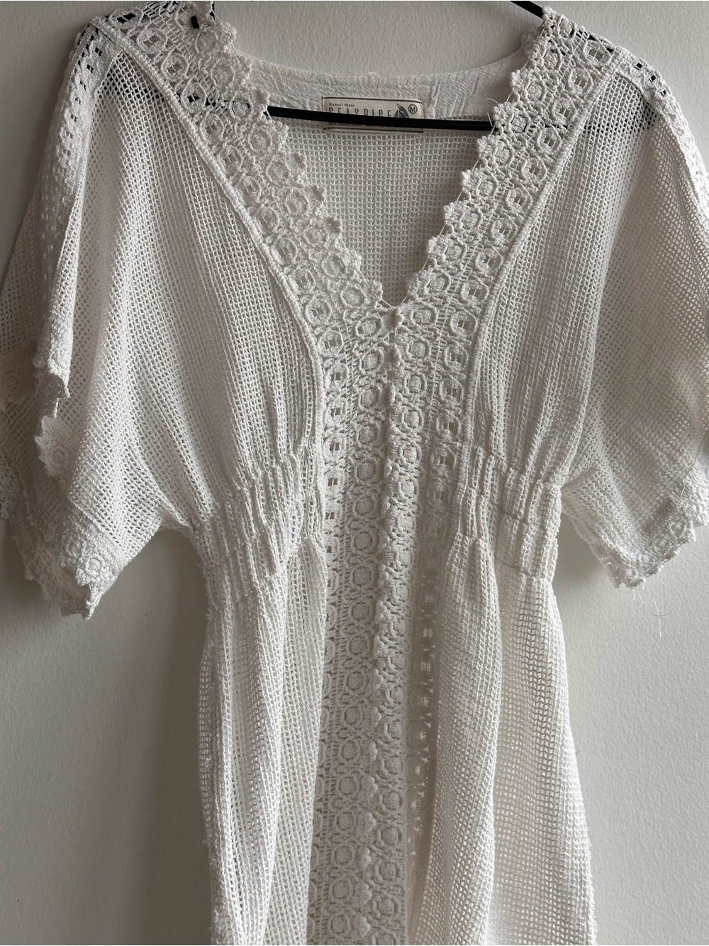 100% Cotton White Crochet V-Neck Knit Cover Up Dress